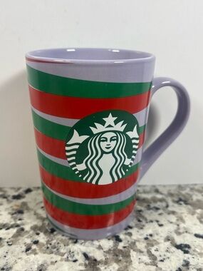 Starbucks Lavender Mug with Red and Green Stripe Logo